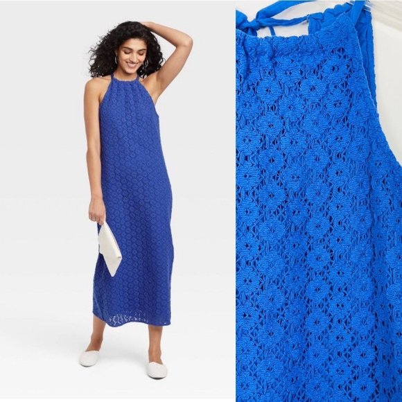 a new day Dresses & Skirts - A New Day Women's Dress Small Crochet Midi Halter Blue Sleeveless Sundress New